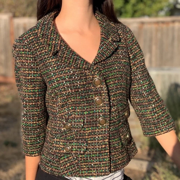 ANN TAYLOR LOFT | Women’s Wool Blend Cropped Tweed Blazer Green Brown Size 8 - Picture 6 of 11